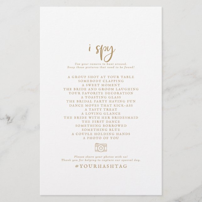 Rustic Gold Script I Spy Wedding Photo Scavenger Flyer (Front)