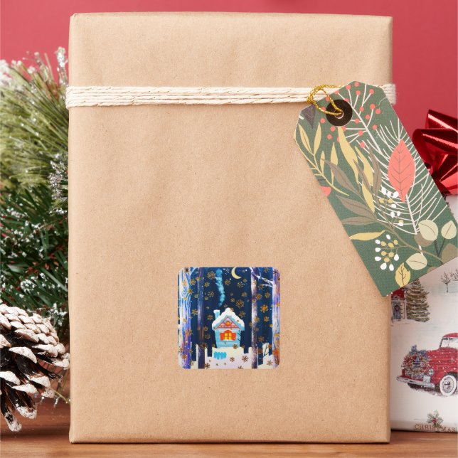 Rustic Gold Snowflakes Winter Home Night  Square Sticker (Holiday)