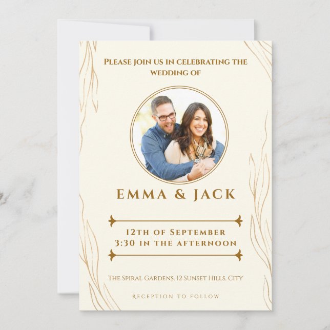Rustic Gold style Script Photo elegant leaves Invitation (Front)