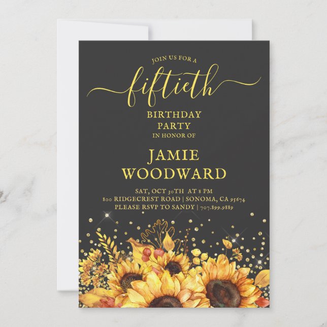 Rustic Gold Sunflowers 50th Birthday Party Invitation (Front)
