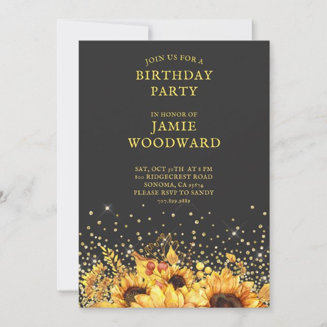Rustic Gold Sunflowers Birthday Party Invitation (Front)