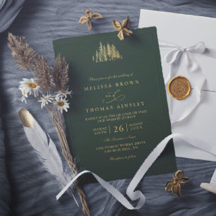 Rustic Gold Trees Pine Minimalist QR Code Wedding  Invitation
