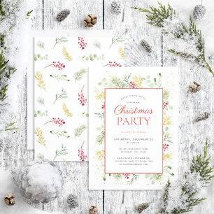 Rustic Gold Winter Greenery Holiday Party Invitation