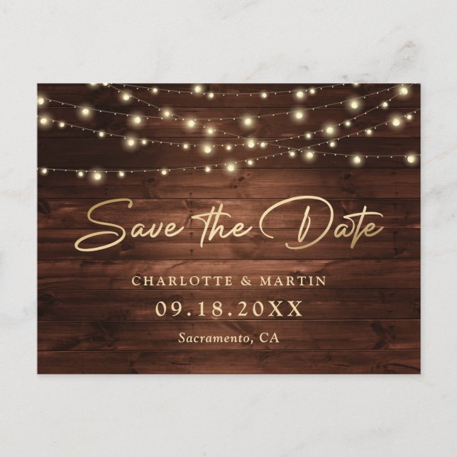 Rustic Gold Wood String Lights Save The Date Announcement Postcard (Front)