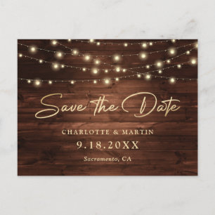 Rustic Gold Wood String Lights Save The Date Announcement Postcard