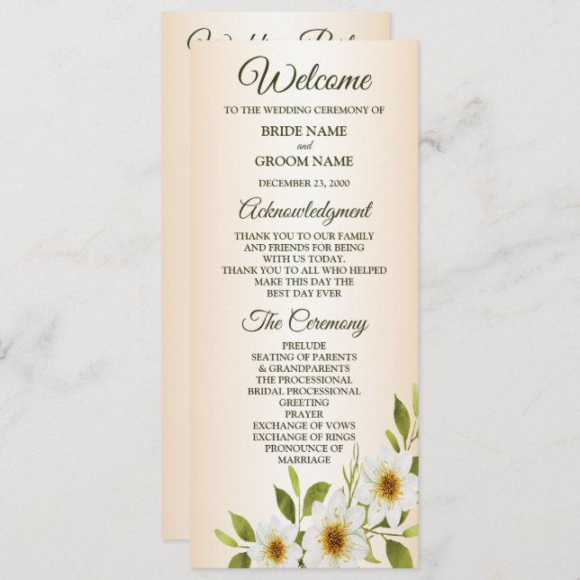 Rustic Golden Frame White Floral Peach Wedding Program (Front/Back)