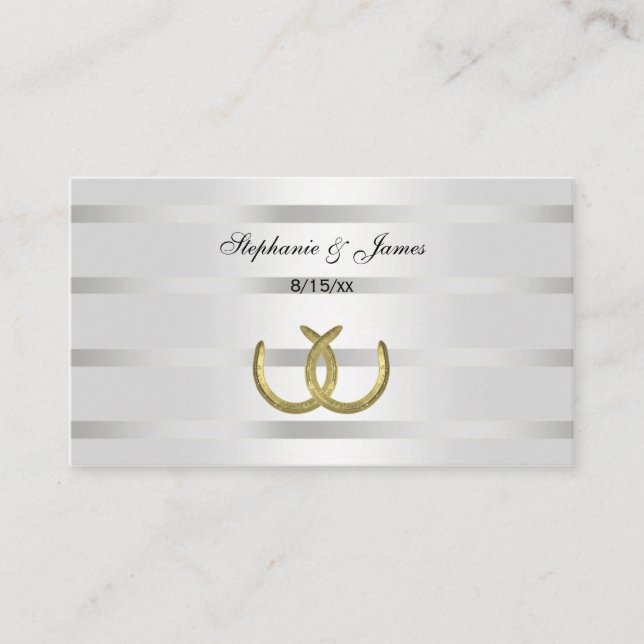 Rustic Golden Horseshoes Silver Wht Place Cards (Front)