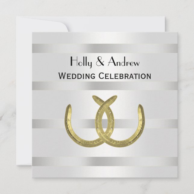 Rustic Golden Horseshoes Silver Wht Wedding Invitation (Front)
