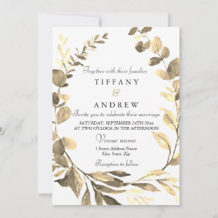 Rustic Golden Leaf Wreath Modern Wedding Invitation