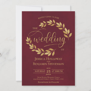 Rustic Golden Leaves Elegant Burgundy Wedding Invitation