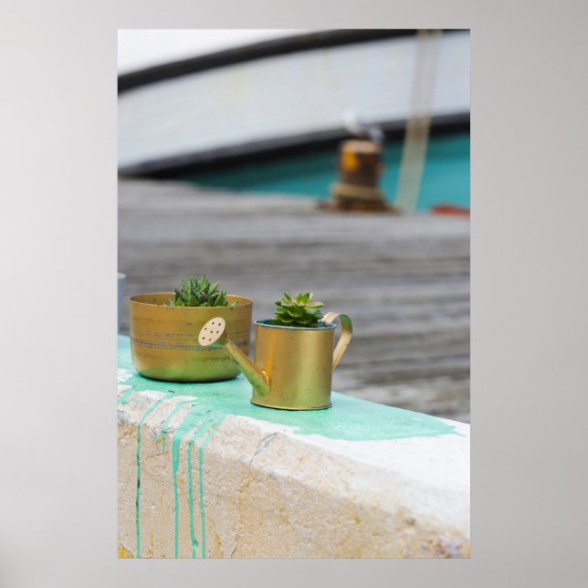 Rustic Golden Pots Turquoise Running Paint Poster (Front)