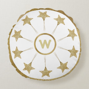 Rustic Golden Stars Pattern On White Monogram Round Pillow