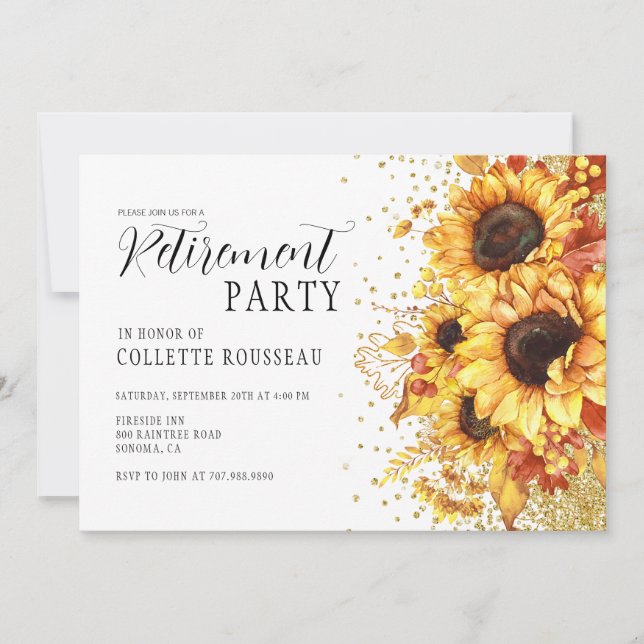 Rustic Golden Sunflower Floral Retirement Party  Invitation (Front)