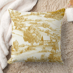 Rustic Golden Sunflower Homestead Toile Pattern Throw Pillow