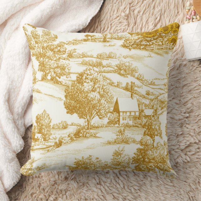 Rustic Golden Sunflower Homestead Toile Pattern Throw Pillow (Blanket)