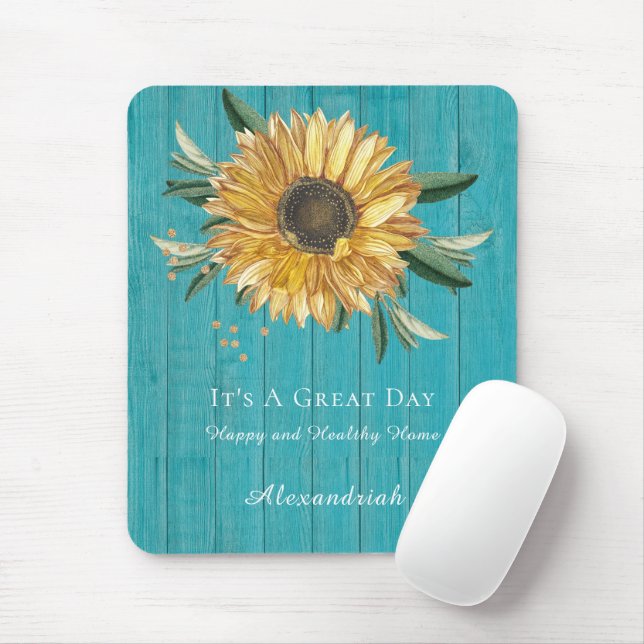 Rustic Golden Sunflower Teal Blue Barn Wood Mouse Pad (With Mouse)