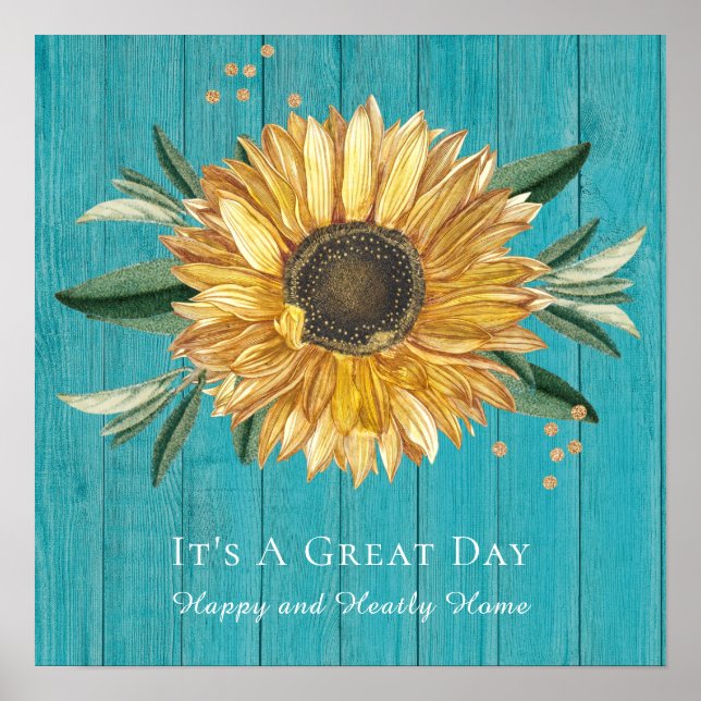 Rustic Golden Sunflower Teal Blue Barn Wood  Poster (Front)