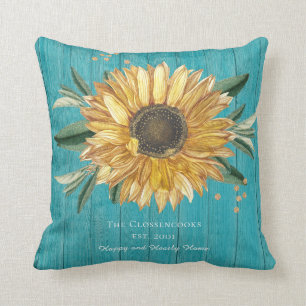 Rustic Golden Sunflower Teal Blue Barn Wood Throw Pillow