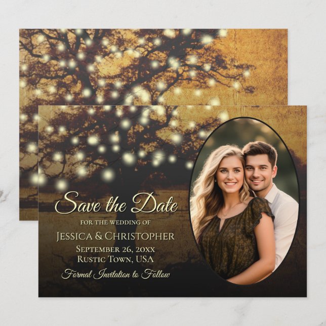 Rustic Golden Tree Lights & Photo Elegant Wedding Save The Date (Front/Back)