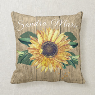 Rustic Golden Yellow Sunflower Tan Wood   name  Throw Pillow