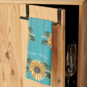 Rustic Golden Yellow Sunflower Teal Wood Bath Tow Kitchen Towel