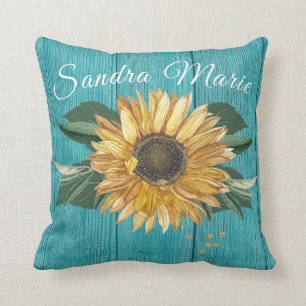 Rustic Golden Yellow Sunflower Teal Wood   name Throw Pillow