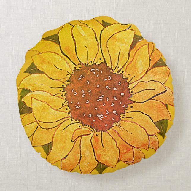 Rustic Golden Yellow Sunflower watercolor floral Round Pillow (Back)