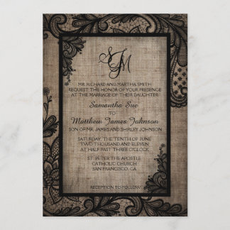 Rustic Goth Black Lace Burlap Wedding Invitation