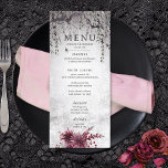 Rustic Gothic Black & Burgundy Halloween Long Menu<br><div class="desc">Step into a realm of dark romance with our exquisite gothic or Halloween wedding menu that seamlessly blends rustic elegance with a touch of eerie allure. Adorned with intricate pink, burgundy, and black florals, this invitation is a mesmerizing masterpiece that captures the essence of your unique love story. Against a...</div>