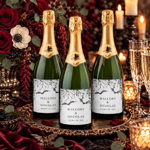 Rustic Gothic Black & Burgundy Halloween Wedding Sparkling Wine Label