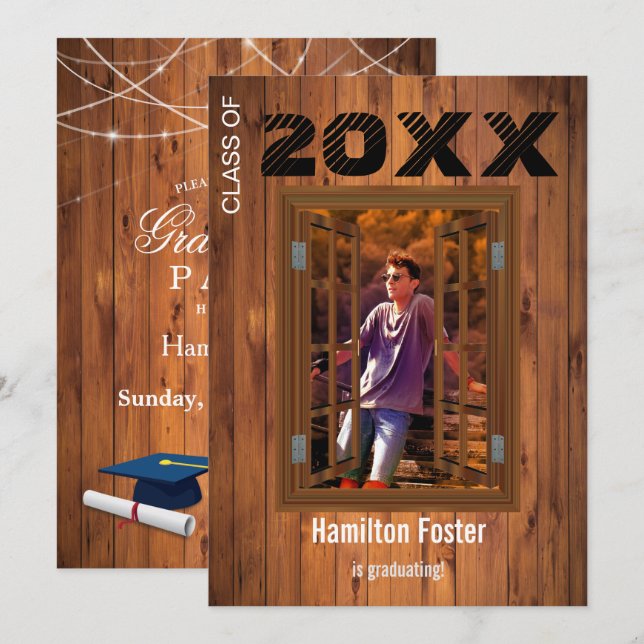 Rustic Graduation Cherry String Lights Barn Wood Invitation (Front/Back)