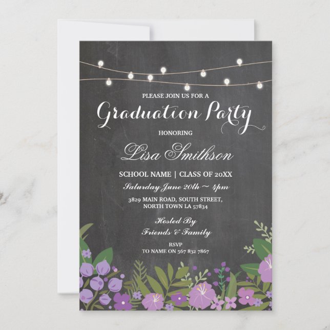 Rustic Graduation Party Chalk Lilac Flowers Floral Invitation (Front)