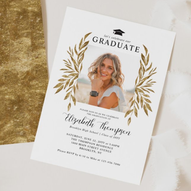 Rustic Graduation Party Modern Gold Leaves Photo  Invitation (Creator Uploaded)