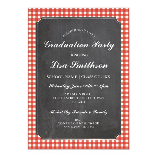 Rustic Graduation Party Red Check Chalk Invite