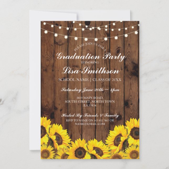 Rustic Graduation Party Sunflower Wood Invitation (Devant)