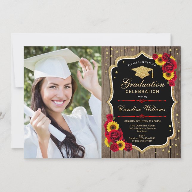 Rustic Graduation Party With Photo - Sunflowers Invitation (Front)