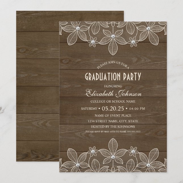 Rustic Graduation Party Wood Lace Pearl Grad Invitation (Front/Back)