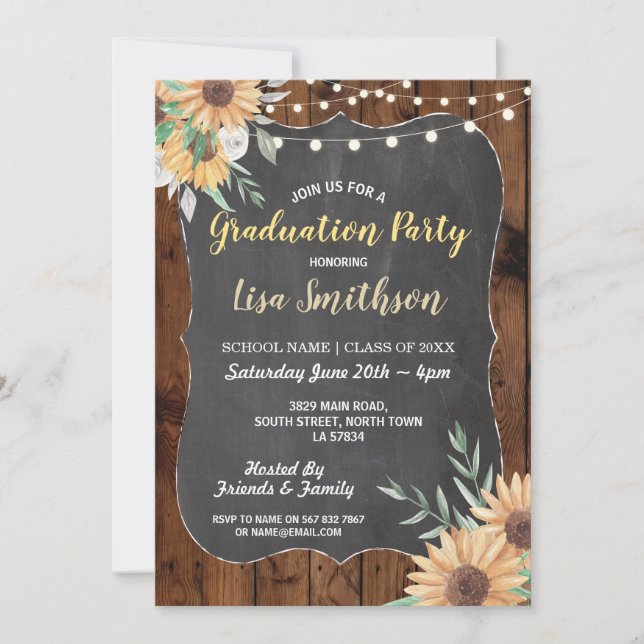 Rustic Graduation Party Wood Sunflower Invite (Front)