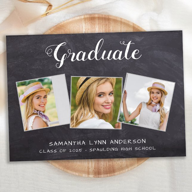 Rustic Graduation Personalized 3 Photo Chalkboard Invitation (Creator Uploaded)