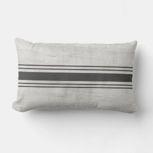 Rustic Grain Sack Dark Grey Horizontal Stripes Lumbar Pillow