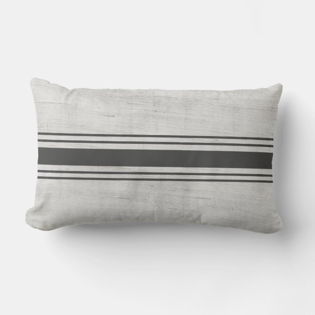 Rustic Grain Sack Dark Grey Horizontal Stripes Lumbar Pillow (Front)