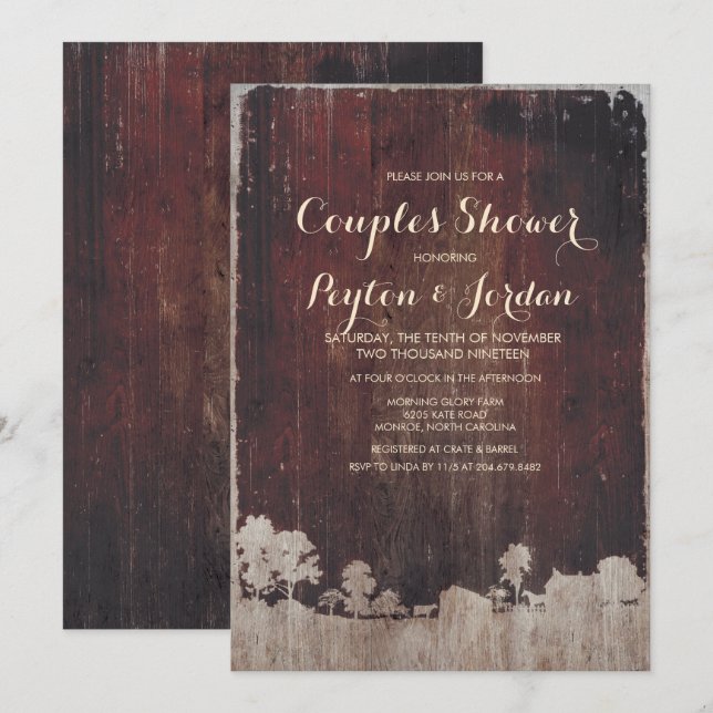 Rustic Grange Bois ferme Couples Douche Invitation (Devant / Derrière)