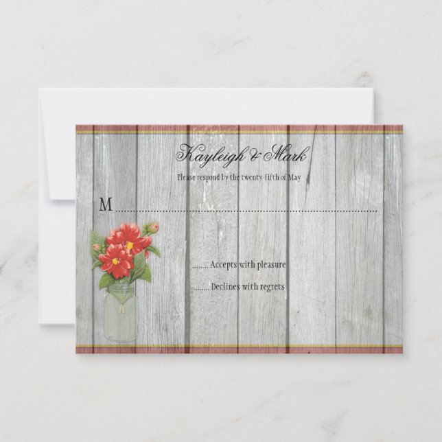 Rustic Grange Bois Mason Jar Red Dahlias RSVP (Devant)