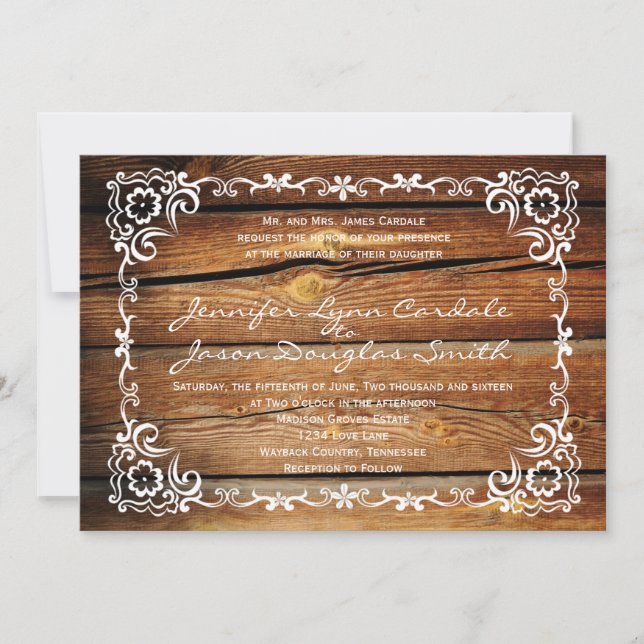 Rustic Grange Bois Scroll Cadre Mariage Invitation (Devant)
