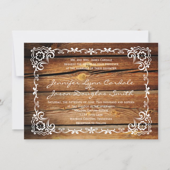 Rustic Grange Bois Scroll Cadre Mariage Invitation (Devant)