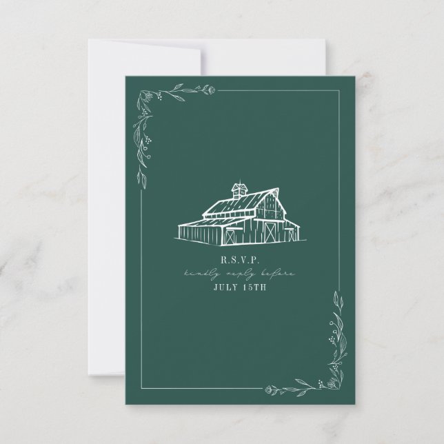 Rustic Grange Emerald Carte de mariage vert RSVP (Devant)
