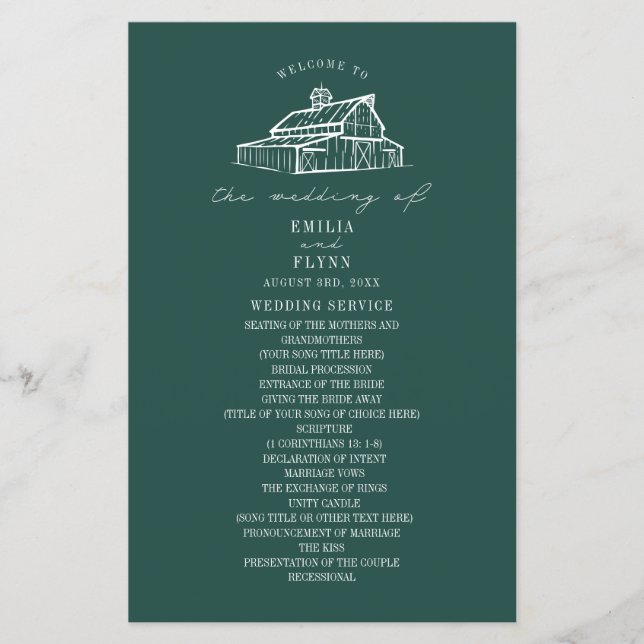 Rustic Grange Emerald Farm Wedding Programme (Devant)