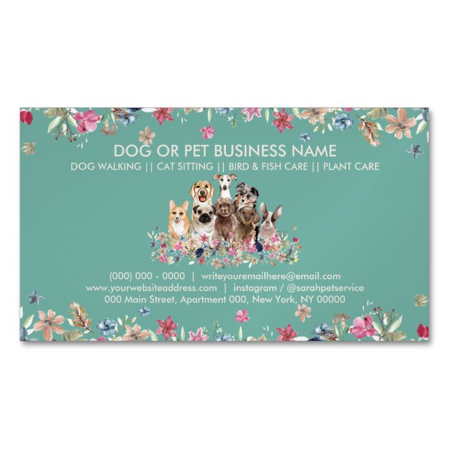 Rustic Grass Green Botanical Pets Cute Dogs Magnetic Business Card (Front)