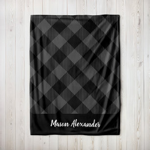 Rustic Gray and Black Buffalo Check Monogram Fleece Blanket