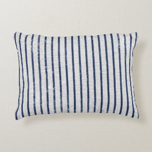 Rustic Gray Linen & Navy Blue Stripes Pattern Accent Pillow